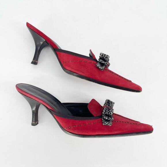 Vintage Prada Red Suede Tweed Bow Detail Pointed Toe Slide Heel Mule IT 36.5 - Picture 4 of 11
